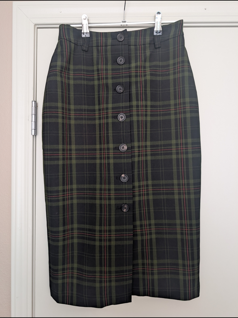 Aritzia Wilfred - Leona Skirt Olive & Black Plaid Button-Front Pencil Skirt Sz 2